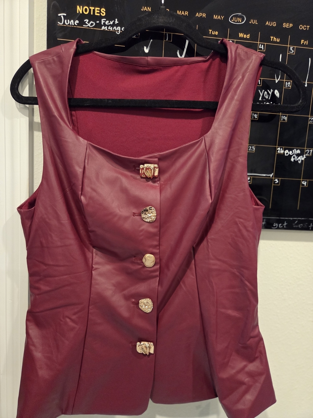 Faux Leather Burgundy Maxi Skirt Set with Buttoned Top - Picture 3 of 7